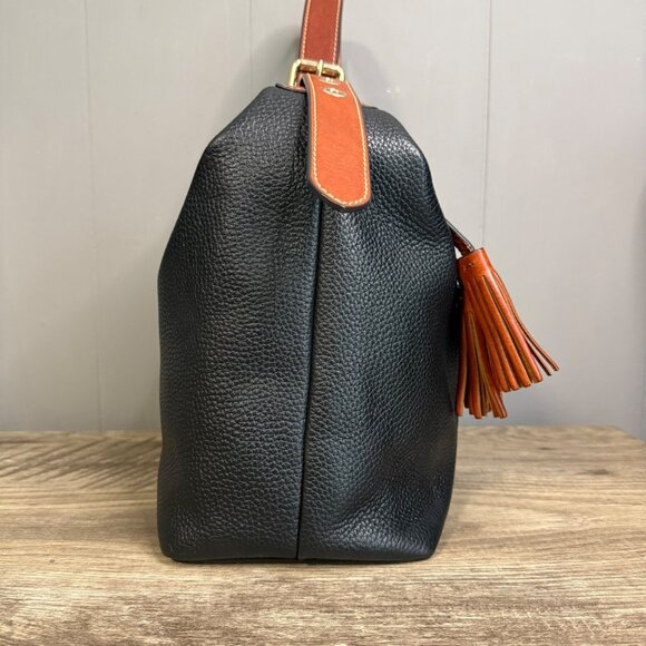 Dooney & Bourke Black Pebble Leather Shoulder Bag With Adjustable Strap & Tassel - Picture 2 of 11